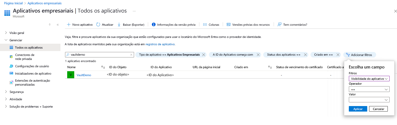 Captura de ecrã que mostra o processo para copiar o ID da aplicação do cofre.