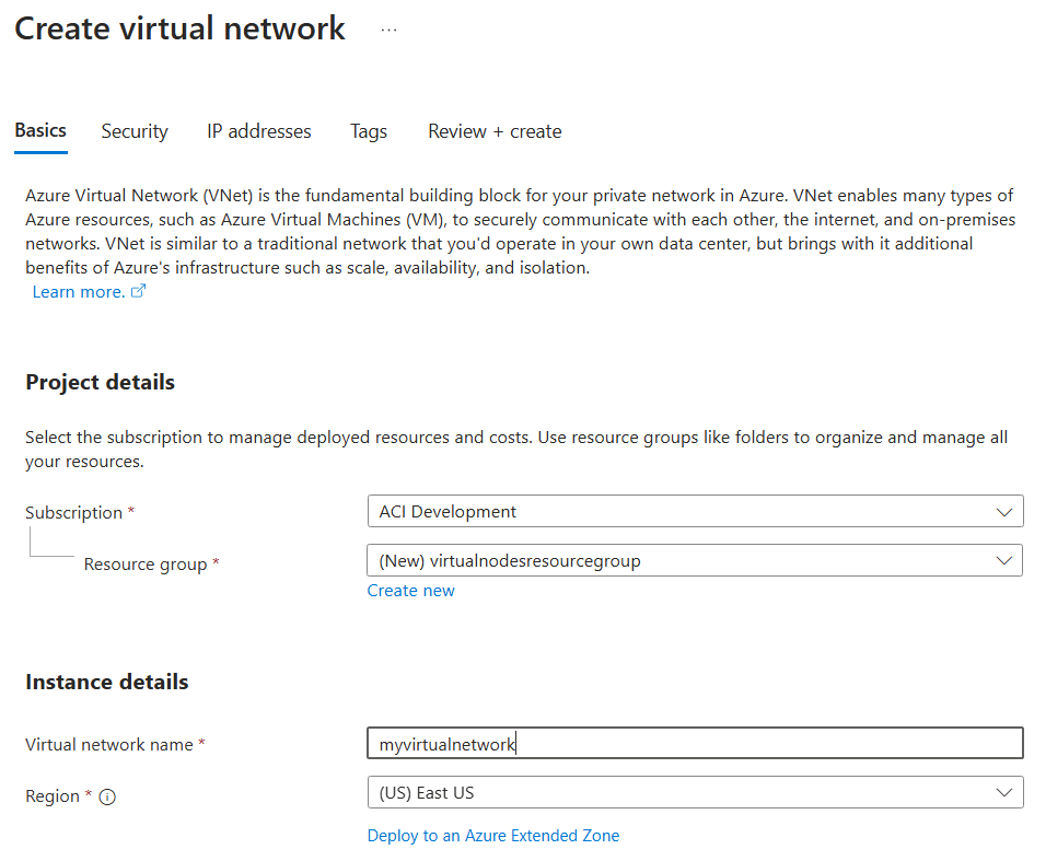 Captura de ecrã a mostrar como configurar a página Basics para criação de redes virtuais no portal Azure.