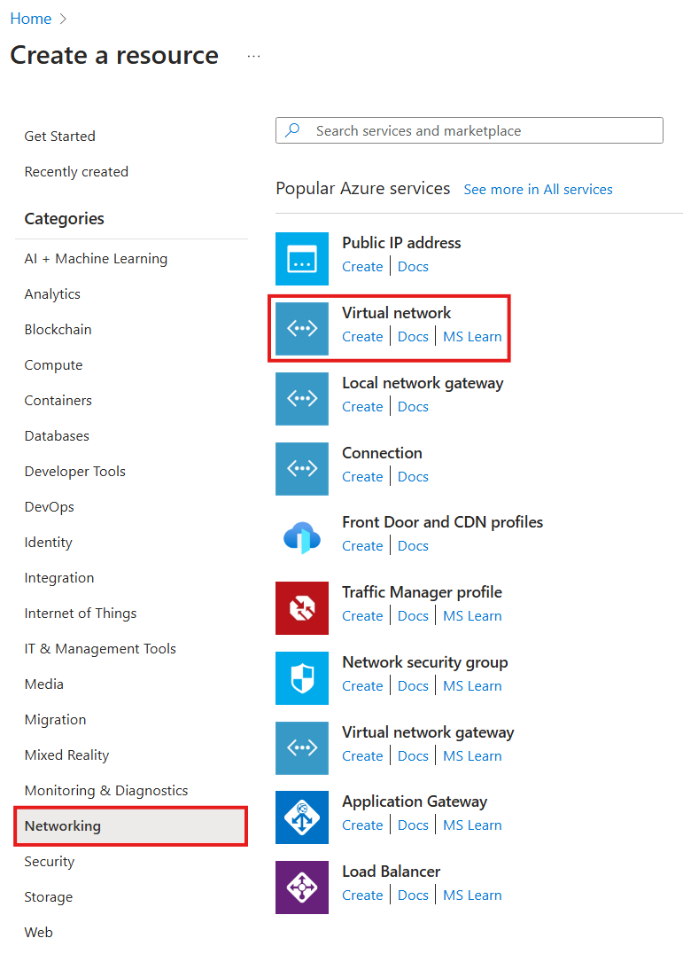 Captura de ecrã a mostrar como selecionar uma nova rede virtual que pretende criar no portal Azure.
