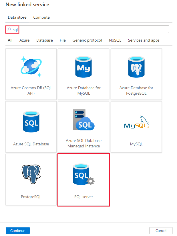 Captura de ecrã do conector SQL Server.