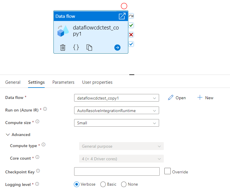 Mostra a interface de uma atividade Data Flow com a chave checkpoint.