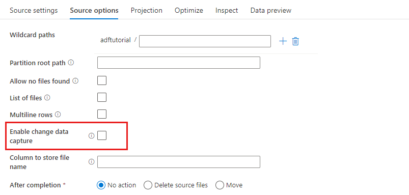 Captura de ecrã a mostrar Ativar captura de alterações de dados.