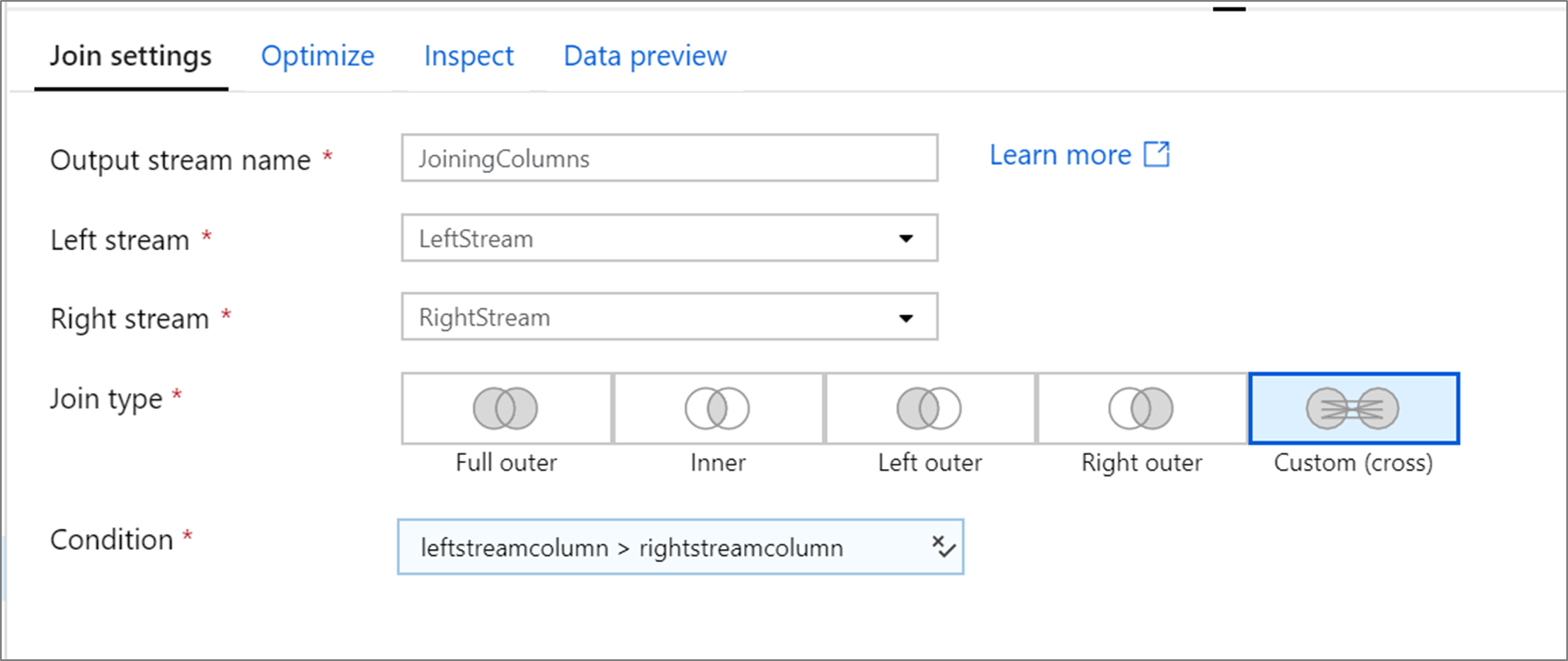 A captura de tela mostra a transformação com a guia Configurações de Junção selecionada e um tipo de Junção Personalizada (cruzada).