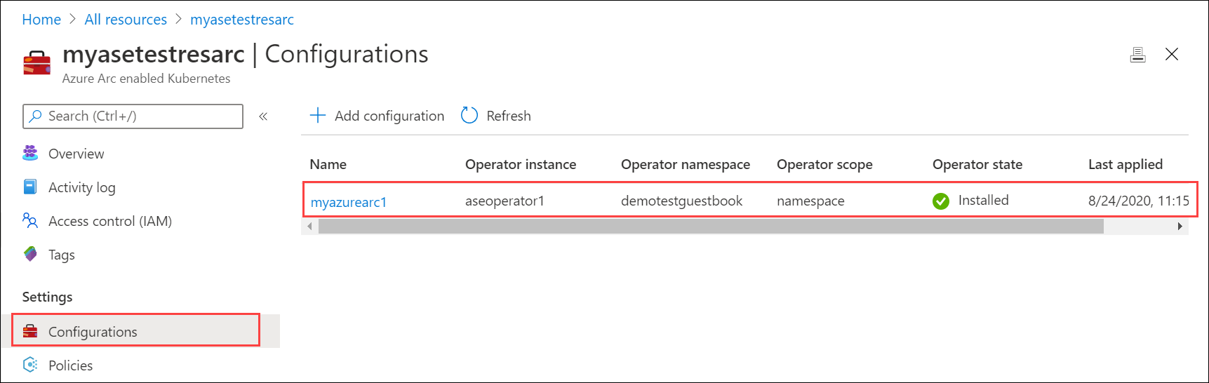 A captura de ecrã mostra o cluster Kubernetes habilitado com o Azure Arc no estado de instalado.