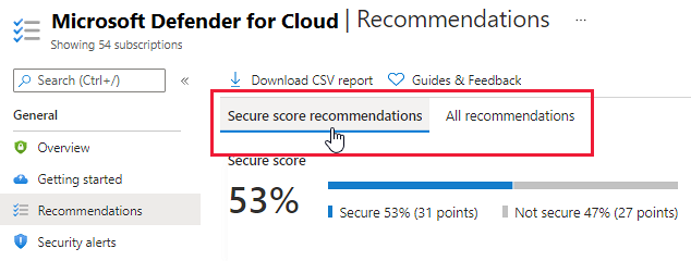 Separações para alterar a vista da lista de recomendações em Centro de Segurança do Azure.