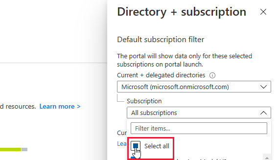 Filtragem de subscrições no portal Azure.