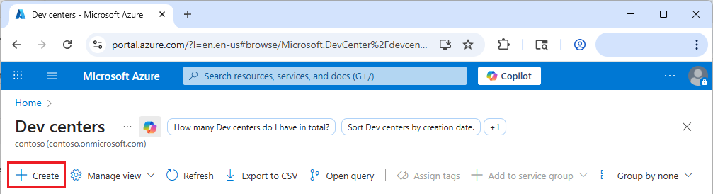 Captura de ecrã que mostra o portal Azure com o botão Criar na página dos centros de desenvolvimento.