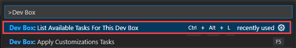 Captura de ecrã da paleta de comandos Dev Box no Visual Studio Code, mostrando o comando para listar as tarefas disponíveis.
