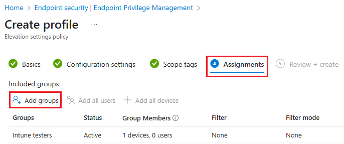 Captura de ecrã que mostra o separador Criar Atribuições de perfil com Adicionar grupos destacado.