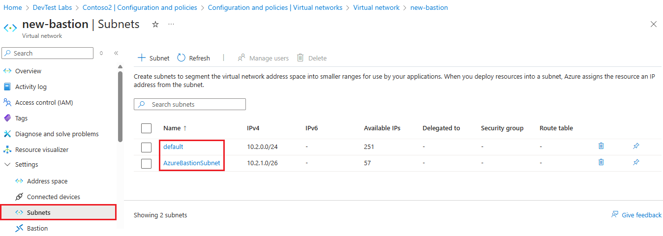Captura de ecrã que mostra duas sub-redes na rede virtual do Azure Bastion.