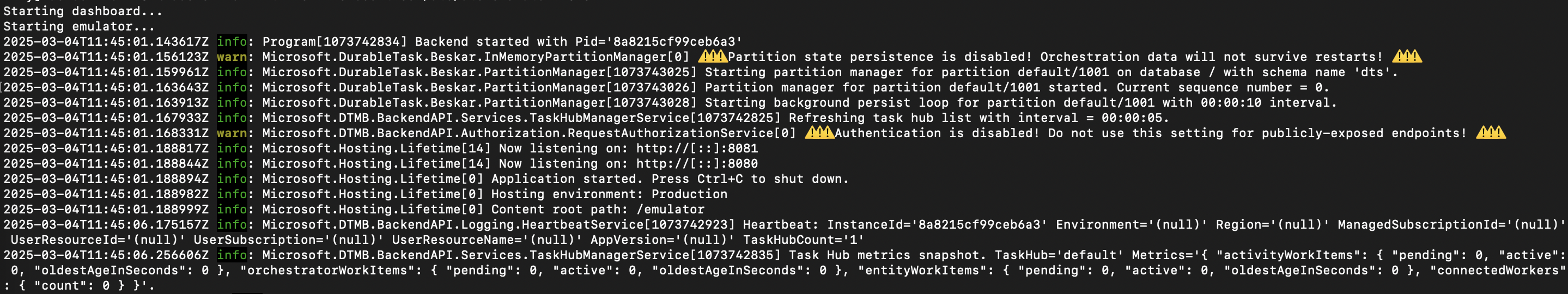 Captura de tela mostrando o emulador iniciado com êxito no terminal.