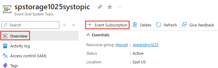 Captura de ecrã que mostra a página Tópico do Sistema de Grelha de Eventos com o botão Subscrição de Eventos selecionado.