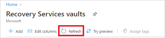 Captura de ecrã que mostra o botão para atualizar a lista de cofres de backup.