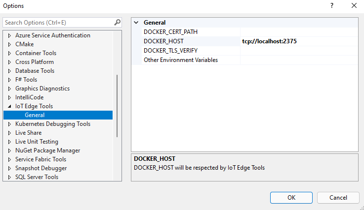 Captura de ecrã das definições IoT Edge Tools