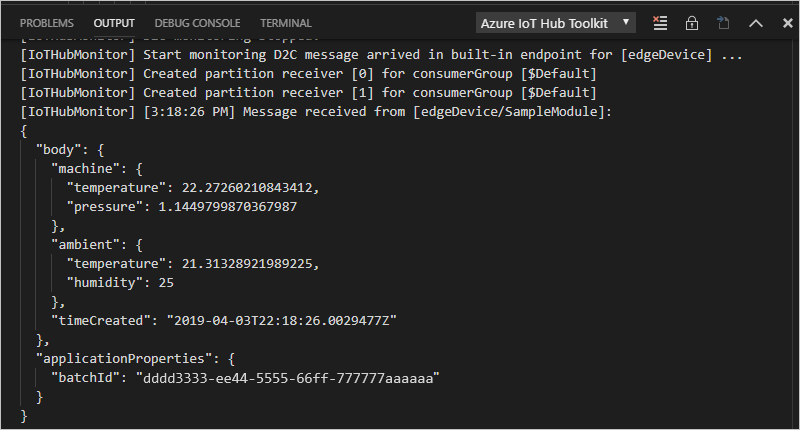 Captura de ecrã da janela de saída do Visual Studio Code mostrando mensagens de dispositivo para a nuvem em chegada.