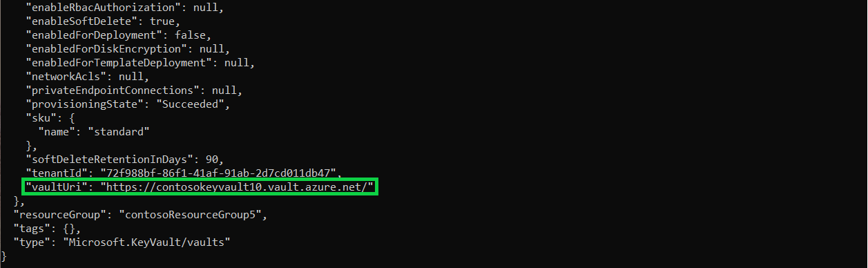 Saída do Image Console do comando acima. O ID e o vaultUri são destacados em verde para o usuário ver.