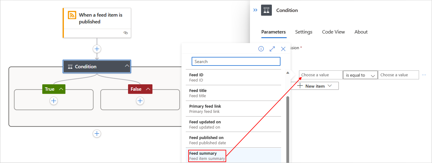 A captura de tela mostra o portal do Azure, o designer de fluxo de trabalho padrão, o gatilho RSS e a ação Condição com construção de critérios.