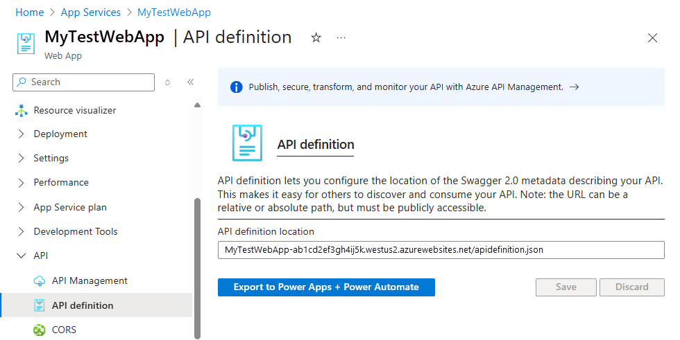 A captura de tela mostra o portal do Azure, a página de definição de API do aplicativo Web e a URL do documento Swagger da sua API.
