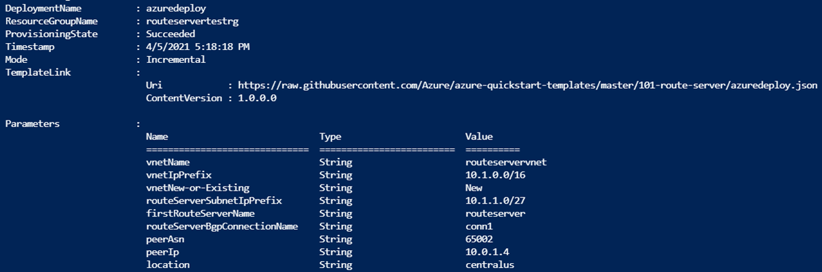 Captura de ecrã mostrando a saída da implementação do modelo PowerShell do Route Server Resource Manager.