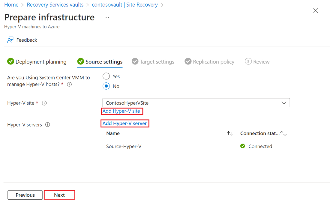 Captura de tela que mostra o painel Configurações de origem com links para adicionar um Hyper-V site e servidores realçados.