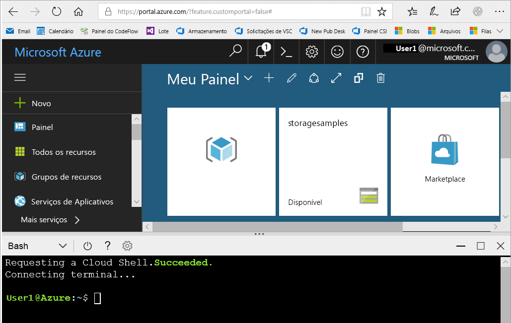 Captura de ecrã da janela de Cloud Shell aberta no portal Azure.