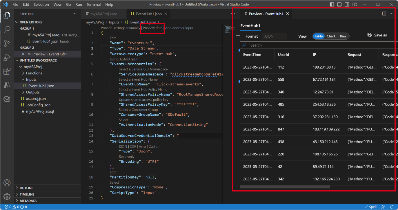Captura de tela da extensão VS Code visualizando dados de entrada ao vivo.