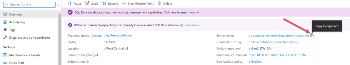 Uma captura de ecrã do portal do Azure. Localize o nome do servidor e copie-o para a área de transferência.