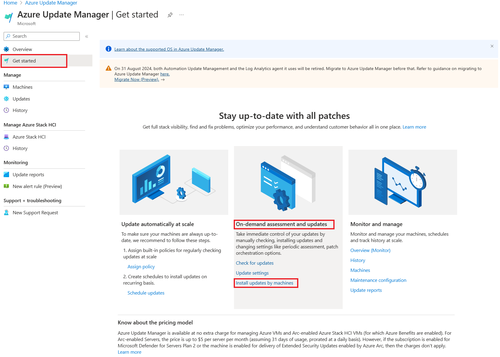 Captura de tela que mostra como acessar a opção Instalar configurações de atualização para instalar as atualizações para máquinas virtuais.