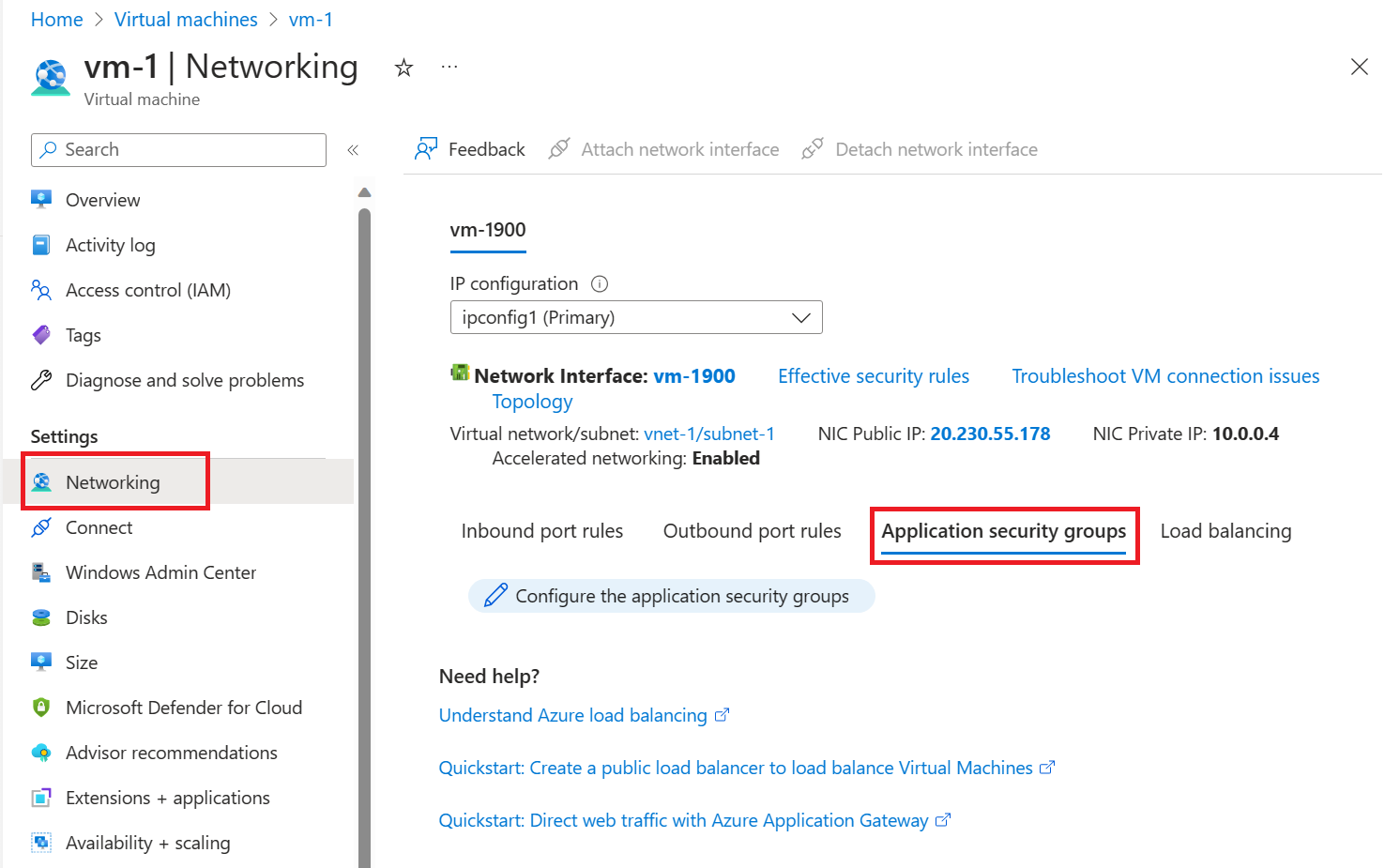 Captura de tela de Configurar grupos de segurança de aplicativos.