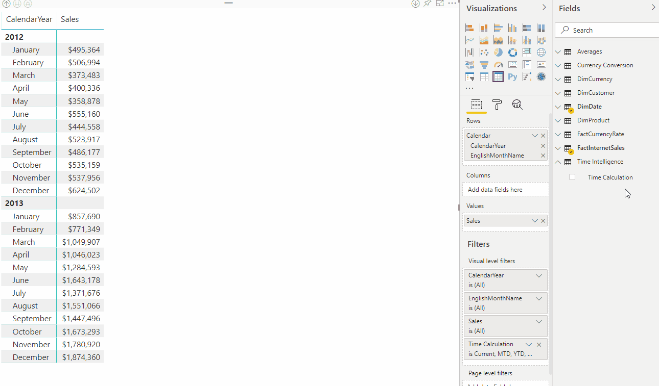 Grupo de cálculo sendo aplicado no Power BI