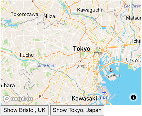 Mapa de rua Mapbox de Tóquio, Japão com botões para selecionar Bristol, Reino Unido e Tóquio, Japão