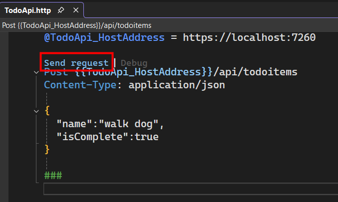 janela do arquivo .http com o link de execução realçado.