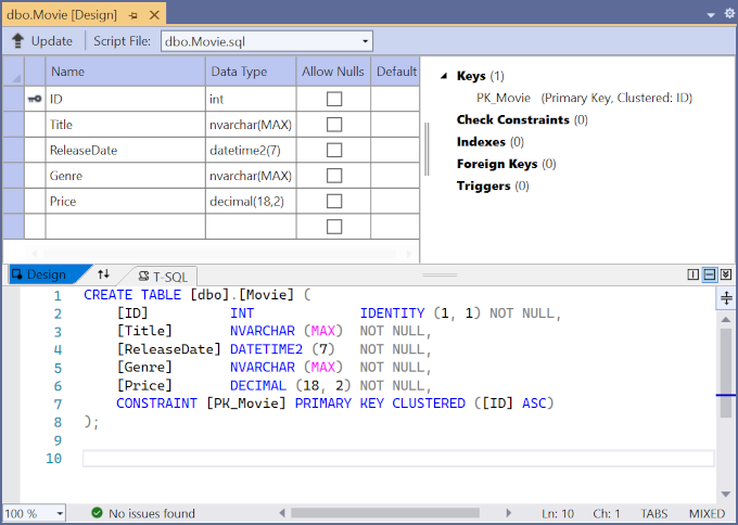 Tabelas de filmes abertas no Designer