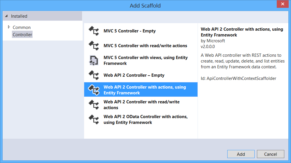 Captura de ecrã do diálogo Adicionar Andaime mostrando o Controlador Web A P I 2 com ações usando a opção Entity Framework destacadas a azul.