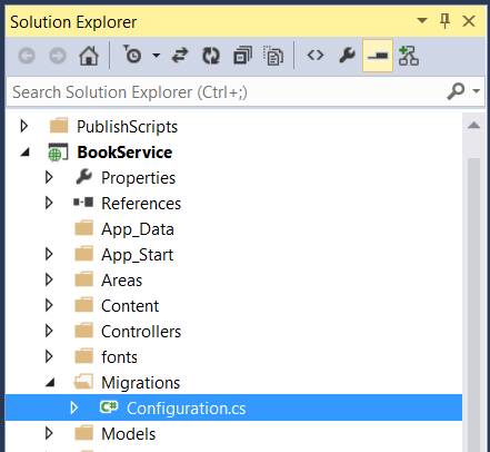 Captura de ecrã do Explorador de Soluções mostrando a hierarquia de pastas com o ficheiro Configuration dot c s destacado a azul.