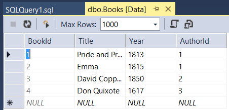 Captura de ecrã da tabela Livros, mostrando a base de dados preenchida com dados iniciais e a tabela que contém a chave estrangeira.