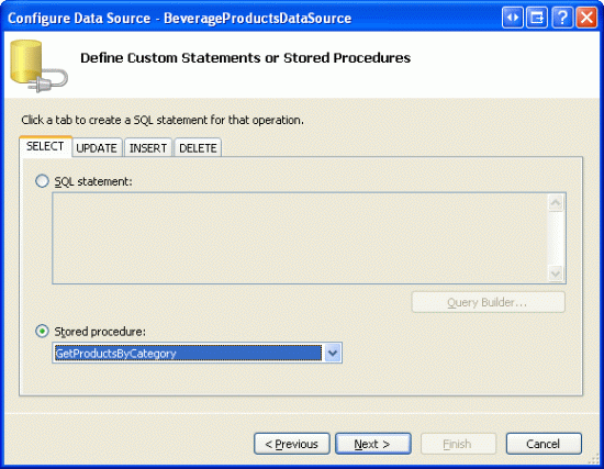 Selecione o procedimento armazenado GetProductsByCategory na lista de Drop-Down