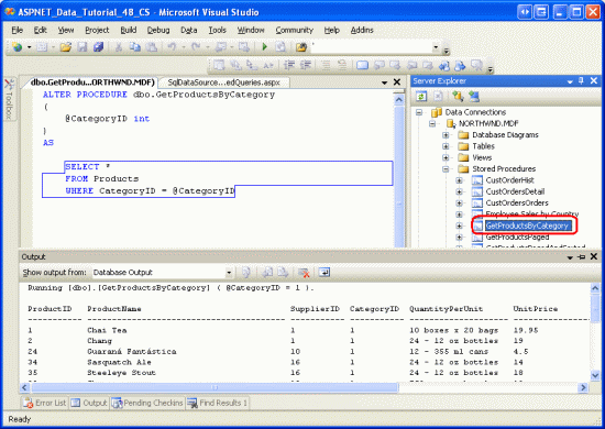 O procedimento armazenado GetProductsByCategory quando executado com uma classe <span =