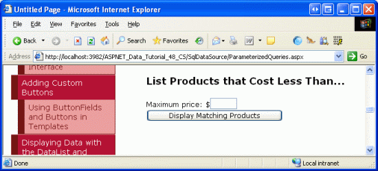 Nenhum registo é exibido quando a caixa de texto MaxPrice está vazia
