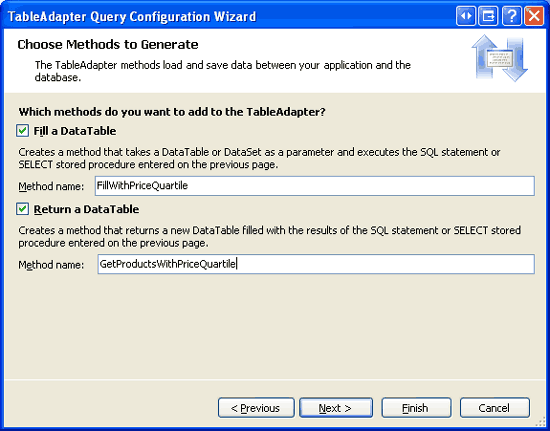 Nomeie os métodos TableAdapter e clique em Concluir