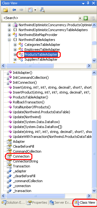 Double-Click a propriedade Connection na vista de classe para exibir o código gerado automaticamente