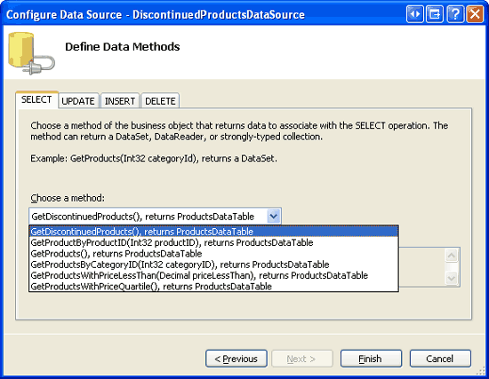 Escolha o método GetDiscontinuedProducts na lista de Drop-Down na guia SELECT