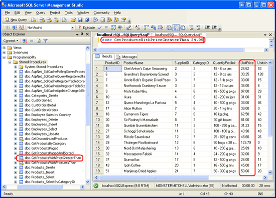 Captura de tela da janela do Microsoft SQL Server Management Studio mostrando o procedimento armazenado GetProductsWithPriceGreaterThan executado, que exibe produtos com um UnitPrice maior que $24,95.
