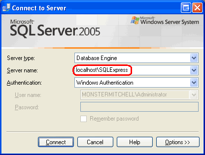 Captura de ecrã que mostra a janela Ligar ao Servidor do SQL Server Management Studio.