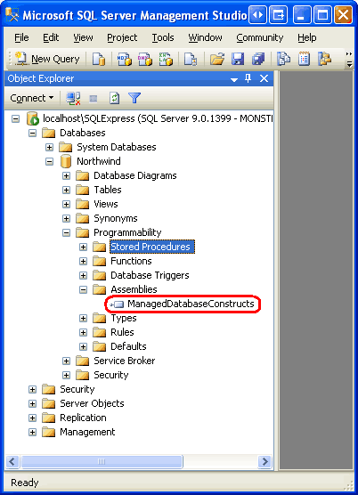 A Assemblagem ManagedDatabaseConstructs está agora registada com a Base de Dados Northwind