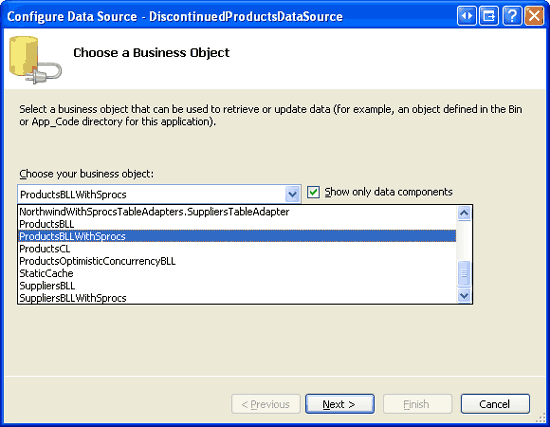 Configurar o ObjectDataSource para utilizar a classe ProductsBLLWithSprocs