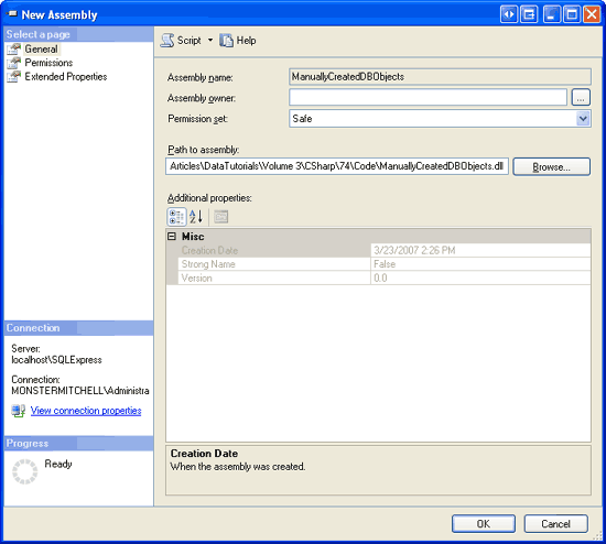 Adicionar a ManuallyCreatedDBObjects.dll Assembly à base de dados