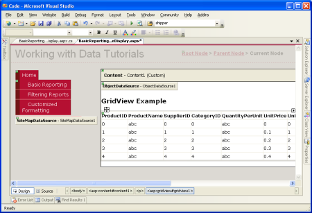 Um GridView foi adicionado à página e vinculado ao ObjectDataSource