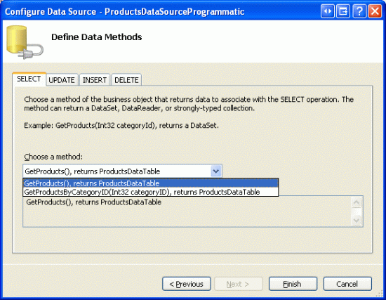 Selecione o Método GetProducts da lista Drop-Down do separador SELECT