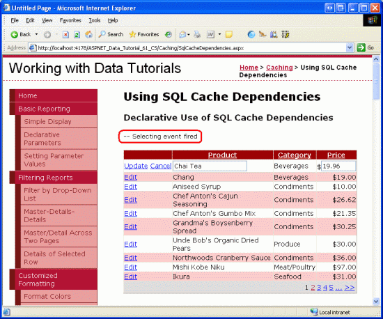 O evento de seleção de ObjectDataSource é acionado cada vez que o GridView é paginado, editado ou classificado